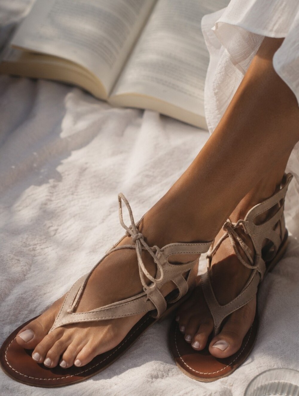 Carlos Santana Boho Lace Up Gladiator Sandals Neutral Strappy Low Wedge Heels - Picture 4 of 15